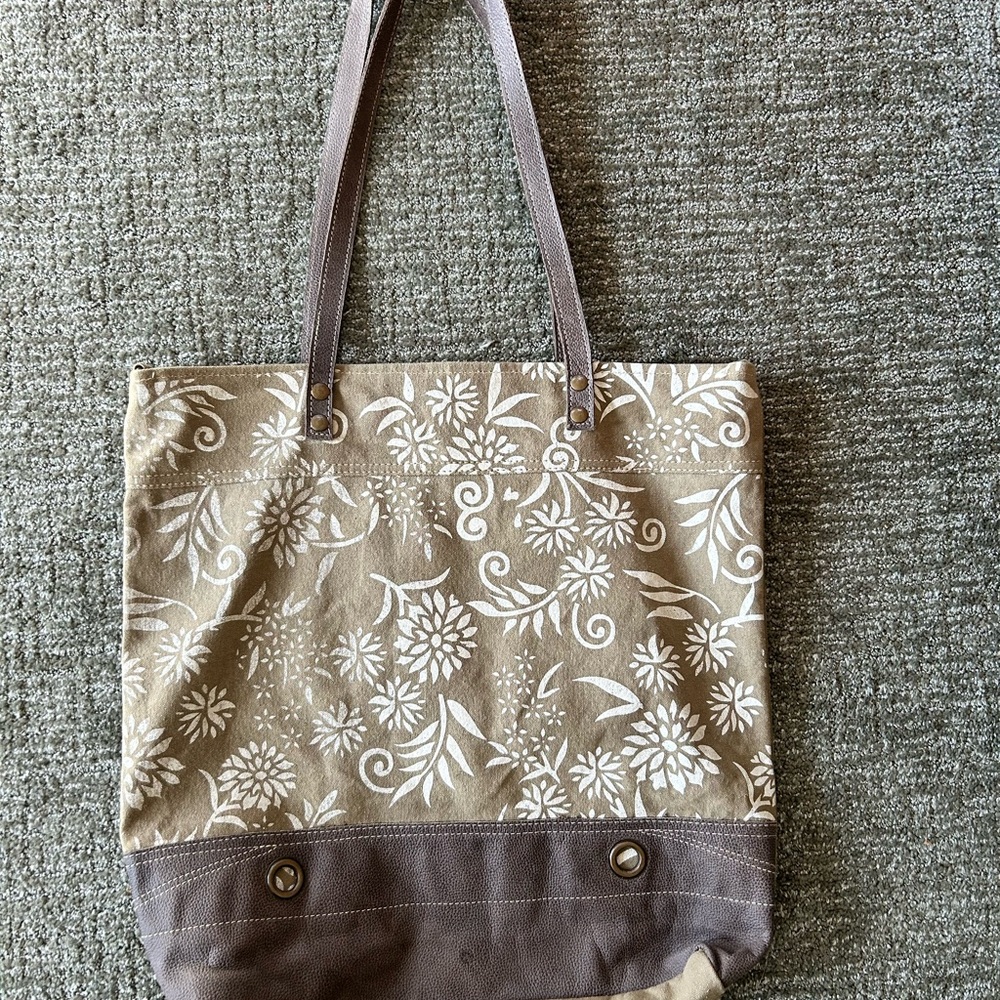 Recycled Canvas Tote Bag with Floral Block Print Design